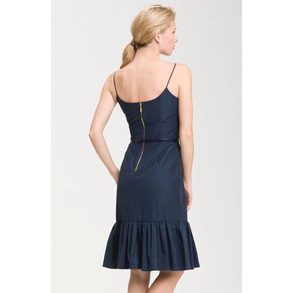 Kate Spade Size 4 Talitha Navy Blue Ruffle Hem Dress Slim Bow Belt Sleeveless - Picture 2 of 15